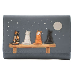 A grey pebbled leather wallet featuring a whimsical design of four cats sitting on a wooden bench under a starry night sky with a full moon.