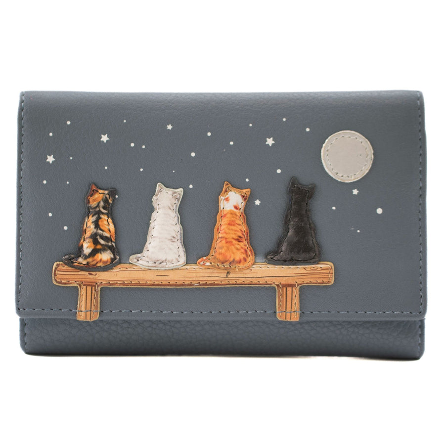 A grey pebbled leather wallet featuring a whimsical design of four cats sitting on a wooden bench under a starry night sky with a full moon.
