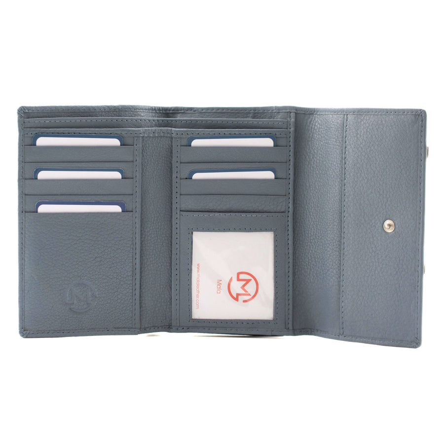 A blue-grey pebbled leather wallet shown open, featuring multiple card slots, a clear ID window with a white insert card, and a snap button closure on the right side.