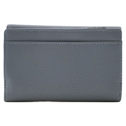 A blue-grey textured leather wallet shown from the front on a plain white background.