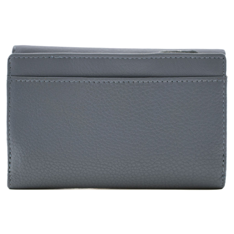 A blue-grey textured leather wallet shown from the front on a plain white background.