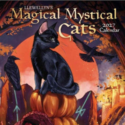 Magical Mystical Cats 2027 calendar cover with a black cat on a pumpkin and crows.