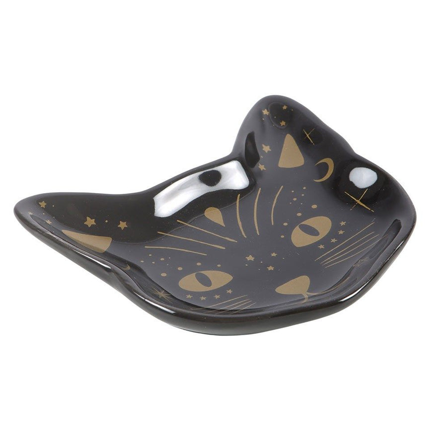 Black Cat Head shaped trinket dish, decorated with gold accents on a white background