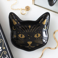 Black Cat Head shaped trinket dish, decorated with gold accents