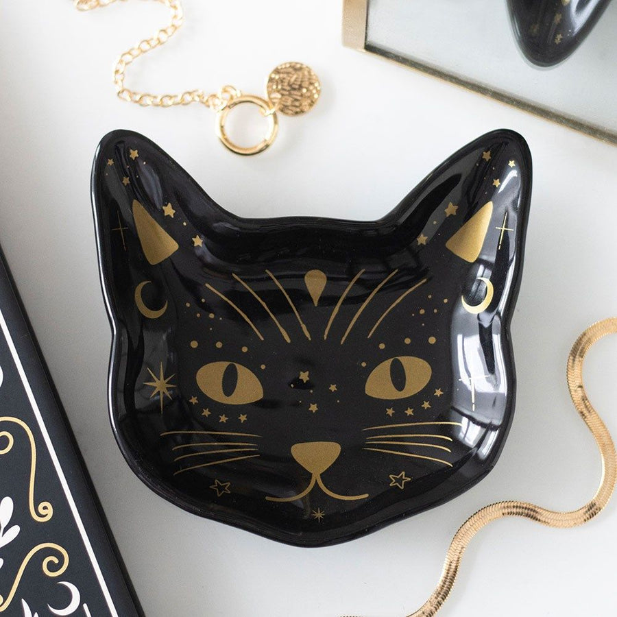 Black Cat Head shaped trinket dish, decorated with gold accents