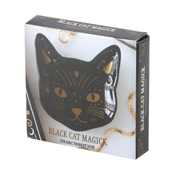 Box for a 'Black Cat Magick' ceramic trinket dish with black cat illustration.
