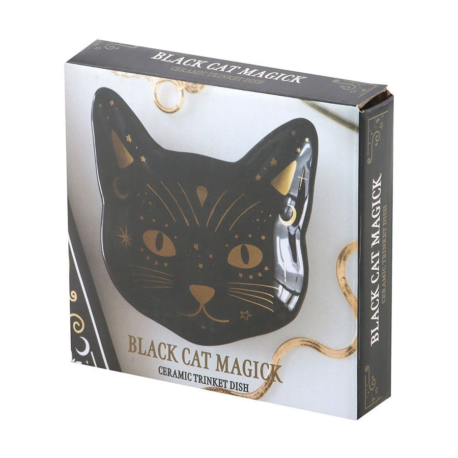 Box for a 'Black Cat Magick' ceramic trinket dish with black cat illustration.
