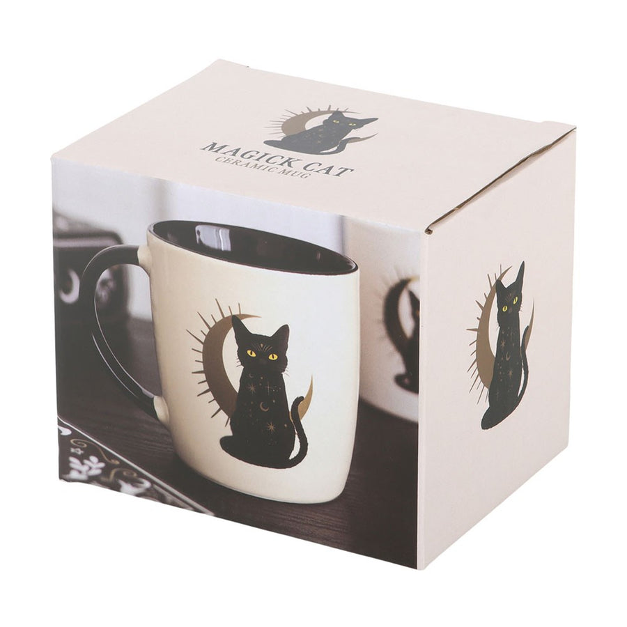 White mug with black cat design in a branded box