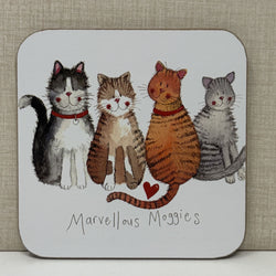 A square decorative coaster featuring an illustration of four cute cats with the text 'Marvellous Moggies' underneath