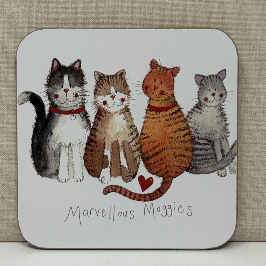 A square decorative coaster featuring an illustration of four cute cats with the text 'Marvellous Moggies' underneath