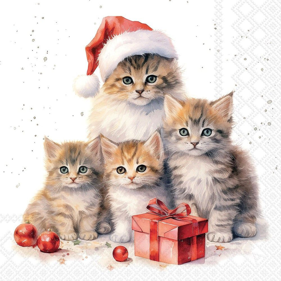 Pack of festive napkins featuring Four kittens with a Santa hat, gift box, and baubles on a white background
