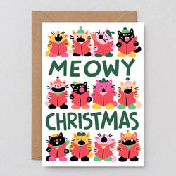 A Christmas greeting card, featuring the text 'MEOWY CHRISTMAS'. The card is decorated with illustrations of eight different cat characters wearing colorful Christmas sweaters and hats in pink, yellow, green, and black.