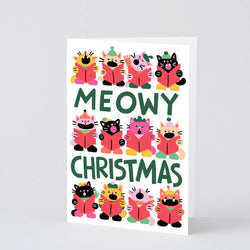 A white greeting card featuring a colourful illustration of cartoon cats in winter clothing, with the words 'MEOWY CHRISTMAS' 