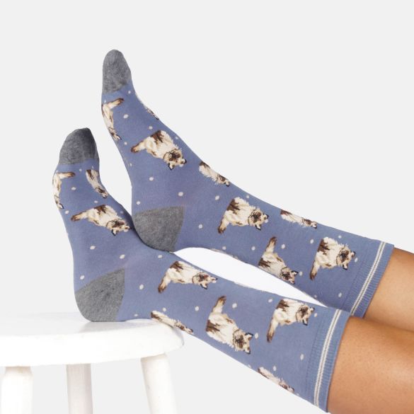 A pair of crew socks with a blue-grey base, featuring a repeating pattern of Ragdoll cats and white polka dots, worn on feet resting on a stool