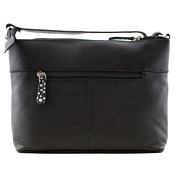 Black leather crossbody bag with a front zippered pocket and a decorative silver zipper pull featuring white paw prints, shown on a plain white background.