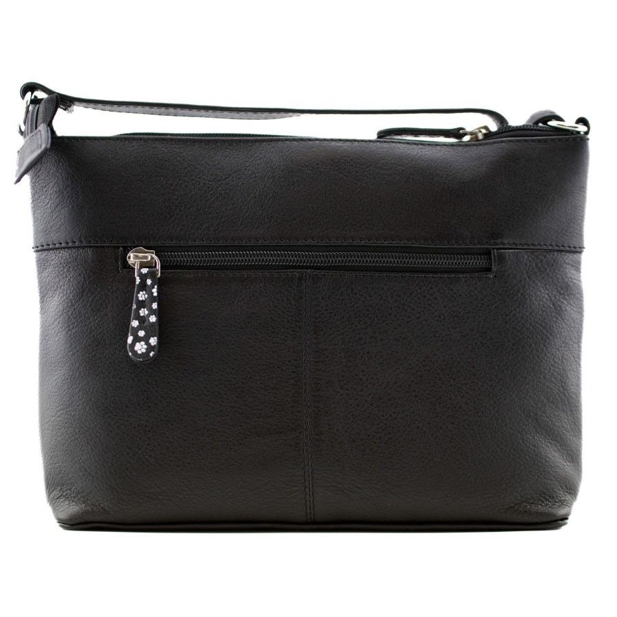 Black leather crossbody bag with a front zippered pocket and a decorative silver zipper pull featuring white paw prints, shown on a plain white background.