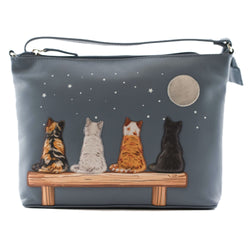 Grey cross body bag with four cats on a bench and starry sky design on a white background