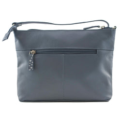 Denim blue handbag with a zipper on a white background