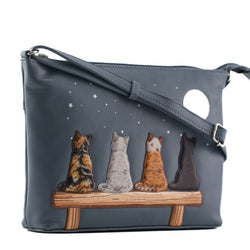 Midnight cats cross body bag with four cat under moonlit sky illustration on a white background