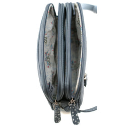 A close-up of a grey zippered pouch with a floral-patterned interior lining and matching gray zipper pulls, shown against a plain white background.