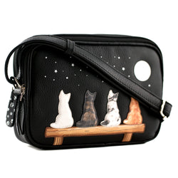 Midnight Cats Double Zip Leather Shoulder Bag