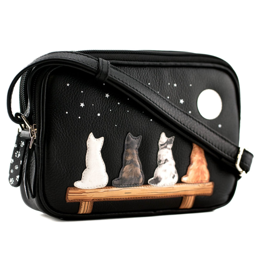 Midnight Cats Double Zip Leather Shoulder Bag