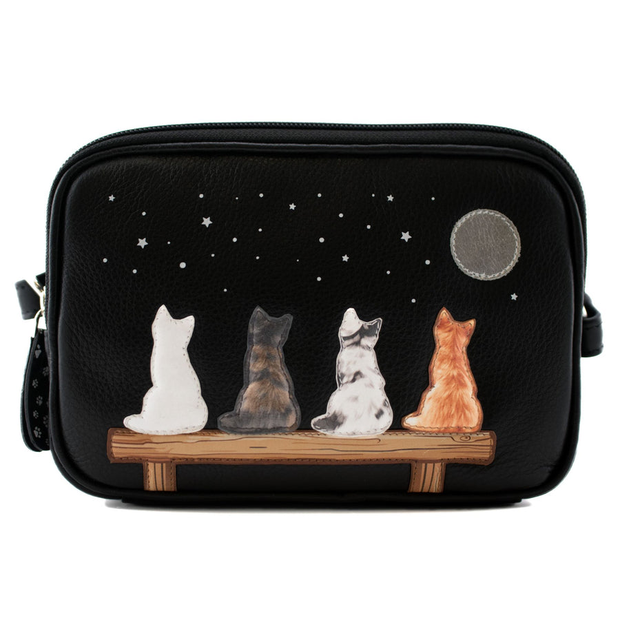 Midnight Cats Double Zip Leather Shoulder Bag