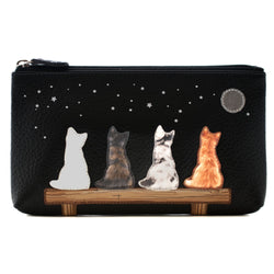 Black glasses pouch with four cats on a bench under a starry sky design.