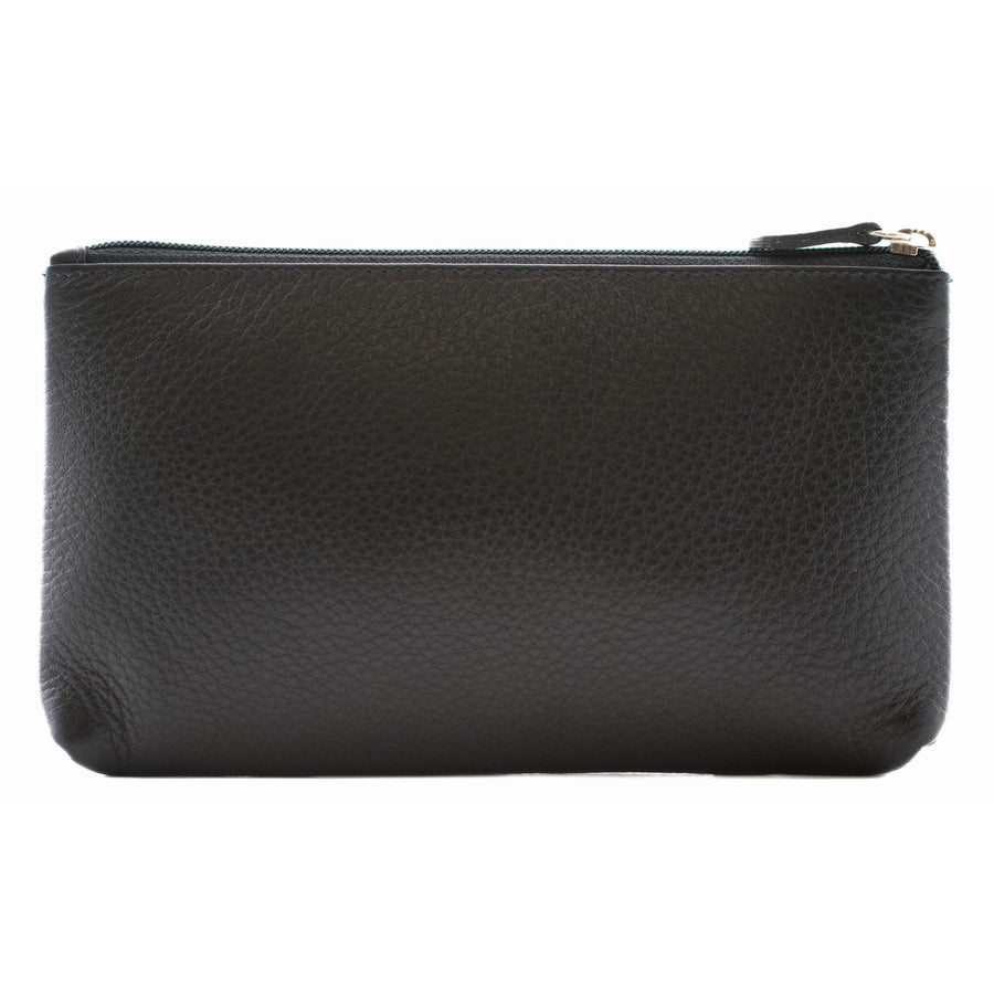 Black leather pouch with a zipper on a white background