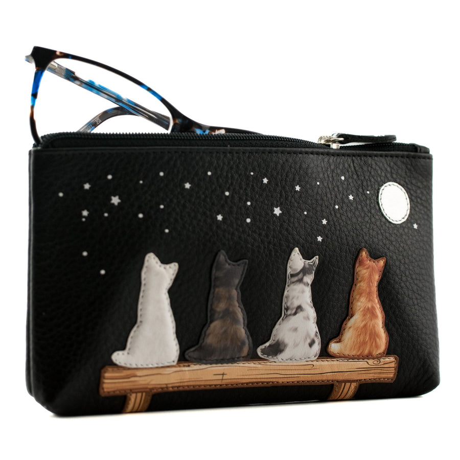 Black glasses case / pouch with cat illustrations and a star and moon design on a white background
