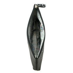Black glasses case with floral interior lining on a white background