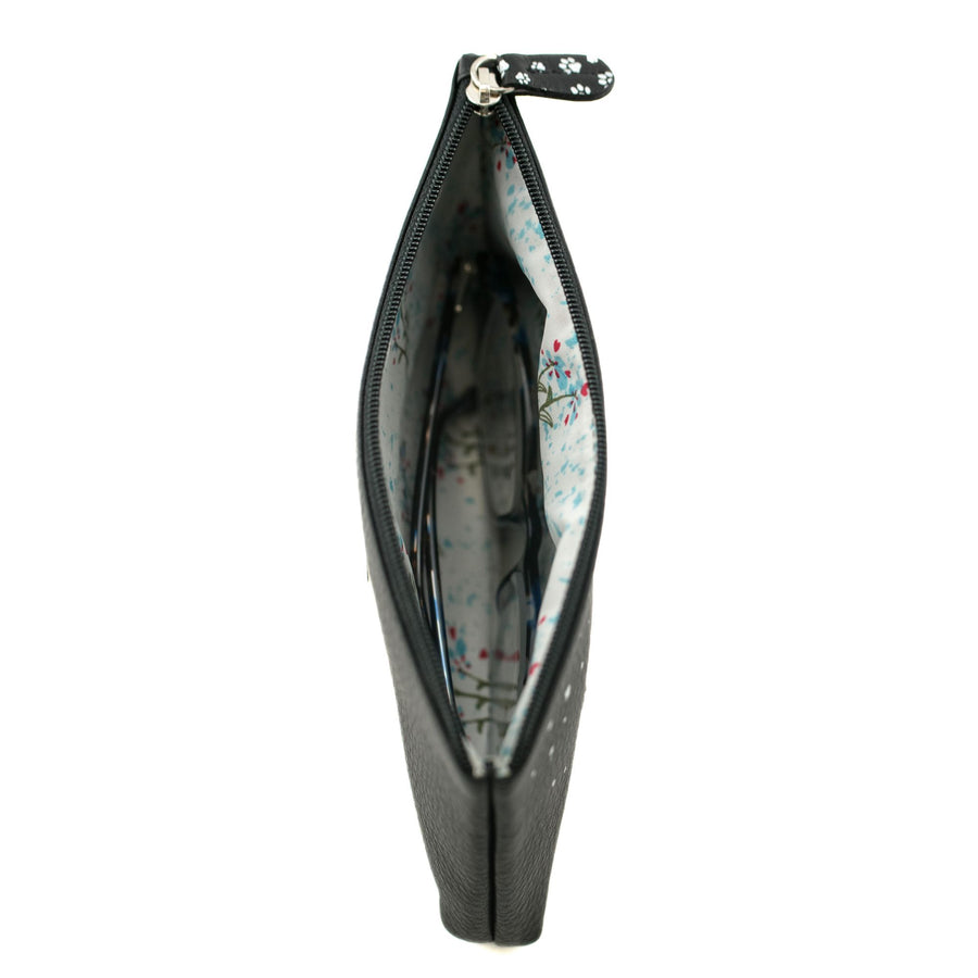 Black glasses case with floral interior lining on a white background