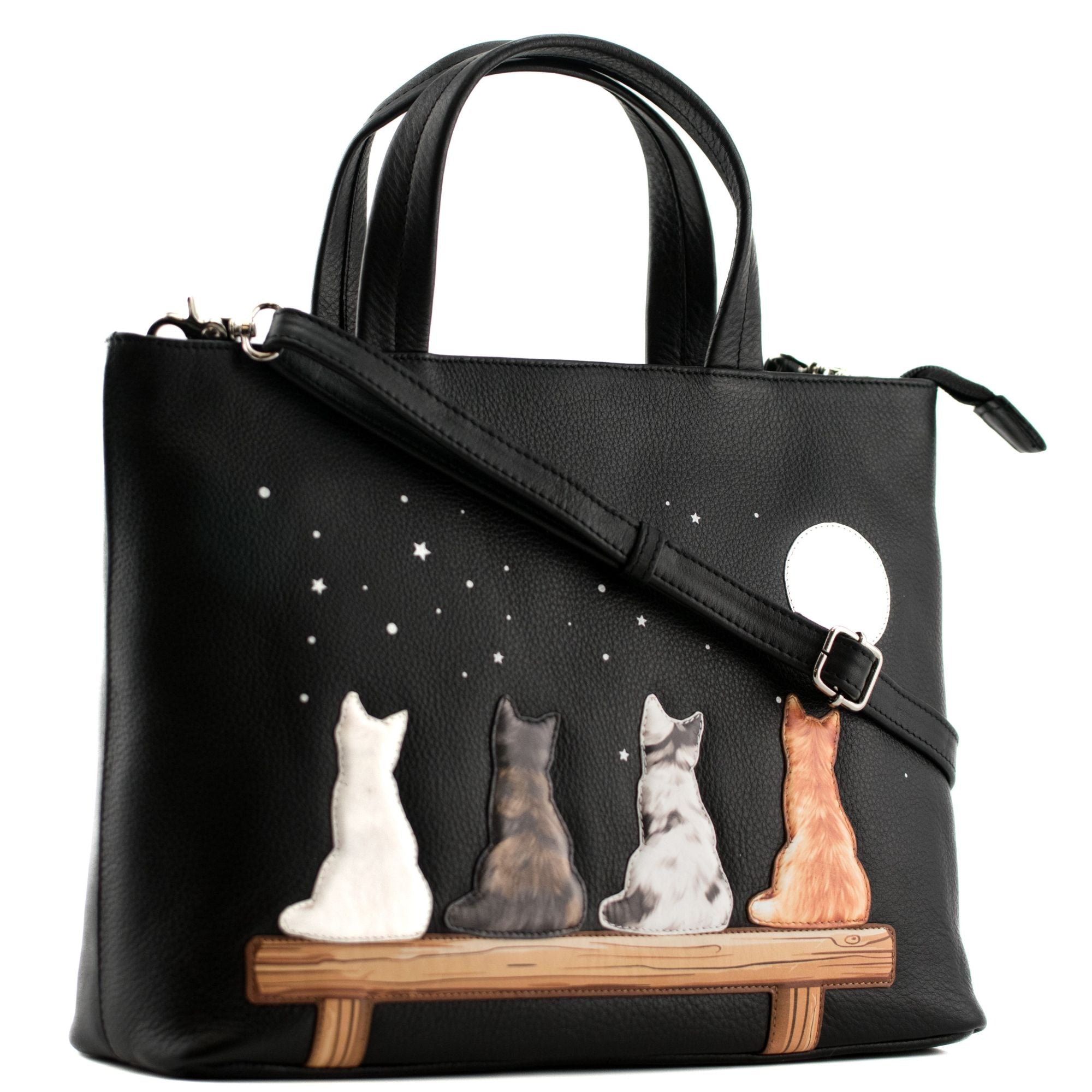 Midnight Cats Leather Grab Handbag