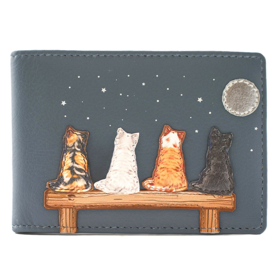 Grey leather ID holder wallet with an applique design of four cats on a bench under a moonlit starry sky