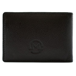 A black textured leather bifold wallet with a debossed circular 'M' logo on the front, shown against a plain white background.