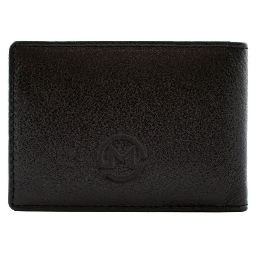 A black textured leather bifold wallet with a debossed circular 'M' logo on the front, shown against a plain white background.