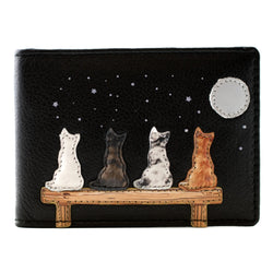Black textured leather wallet featuring a whimsical illustration of four cats sitting on a bench under a starry night sky and a full moon.