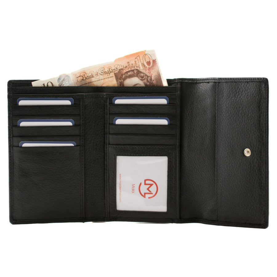 Inside view of a black leather tri fold purse with Mala leather branding visible