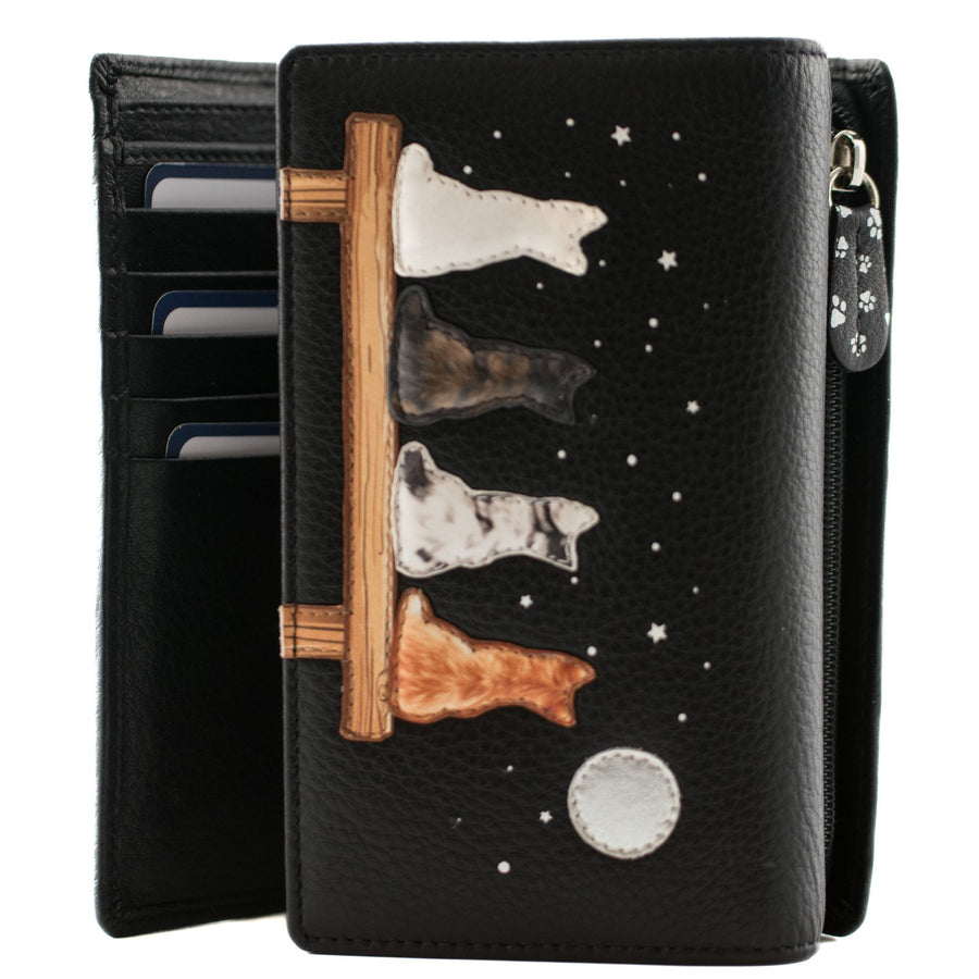 Midnight cats tri fold purse showing both some inner slots and the four moonlit cat design on the cover