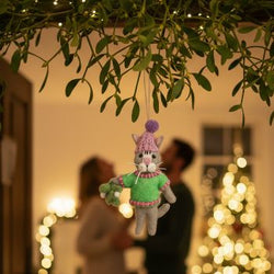 Handmade Felt Mistletoe Meows Christmas Cat Hanging Decoration