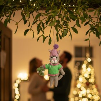 Handmade Felt Mistletoe Meows Christmas Cat Hanging Decoration