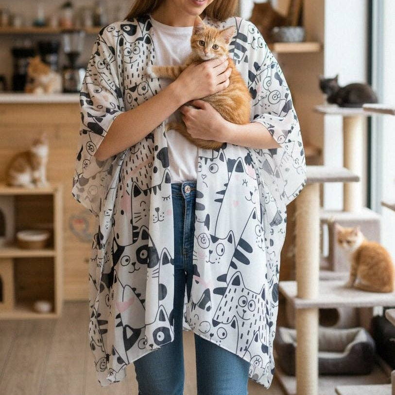 Monochrome Kitty Cats Kimono