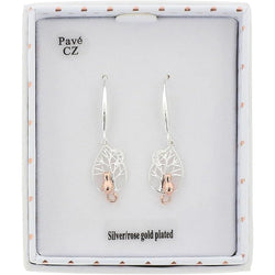 A pair of Pavé CZ silver and rose gold plated dangle earrings displayed inside their white gift box.