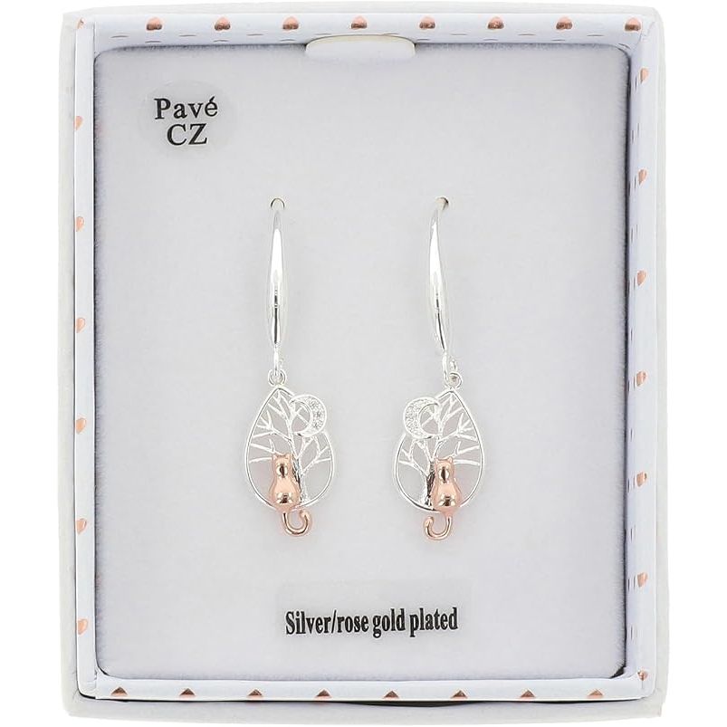 A pair of Pavé CZ silver and rose gold plated dangle earrings displayed inside their white gift box.