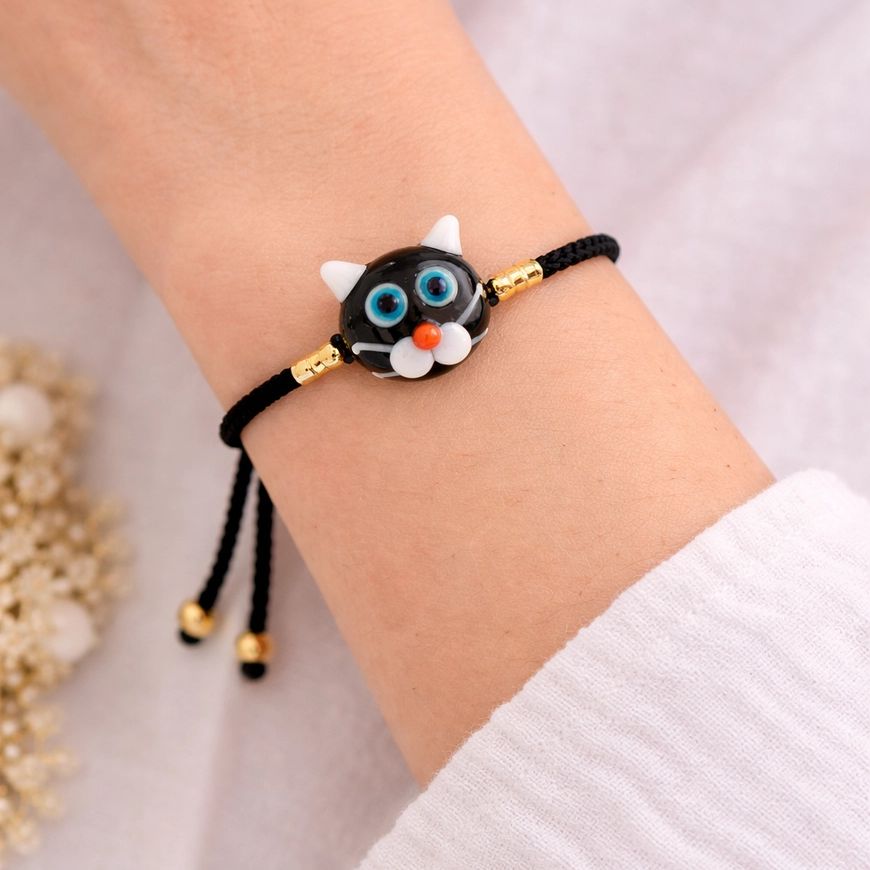 Artisan Glass Cat Face Cord Bracelet