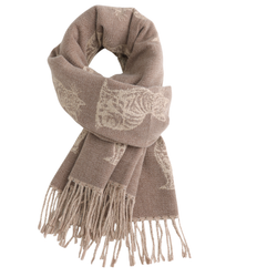 A taupe knit scarf with cream-colored woven cat motifs and fringed ends
