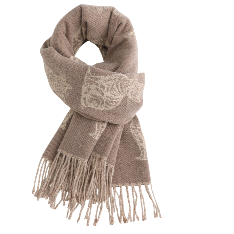 A taupe knit scarf with cream-colored woven cat motifs and fringed ends