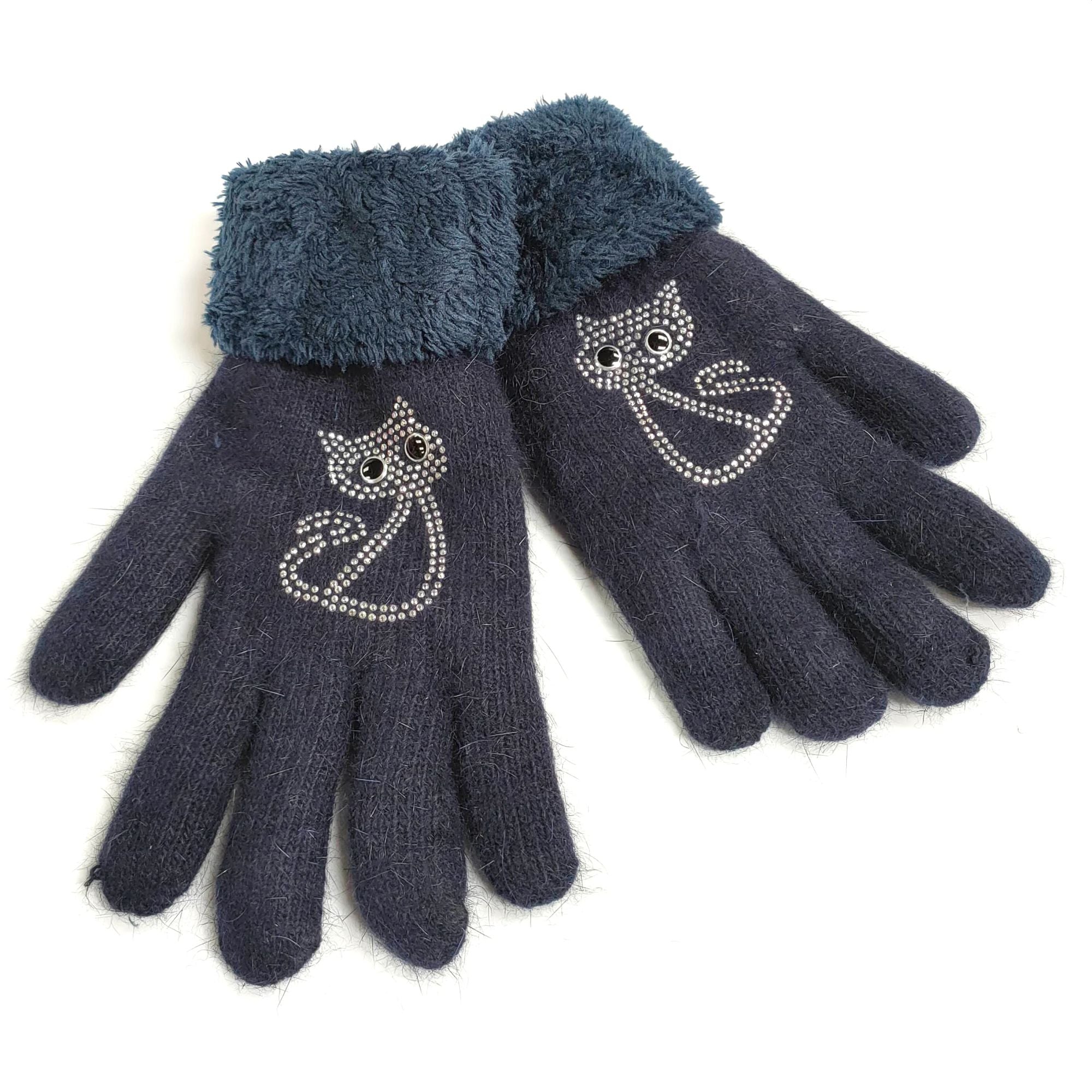 Navy Cat Fluffy Gloves