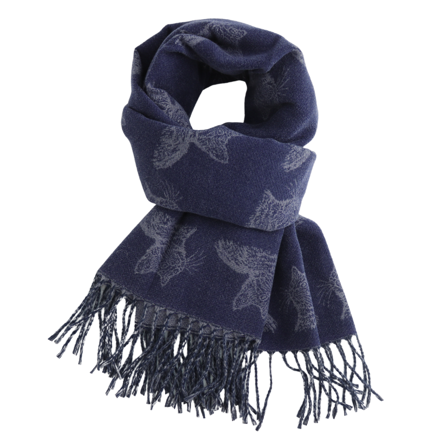 A navy blue scarf with a woven gray pattern of cats and fringed ends, shown on a plain white background.
