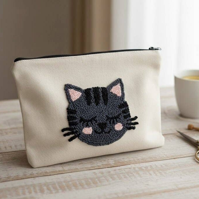 Tabby Cat Punch Needle Makeup Pouch